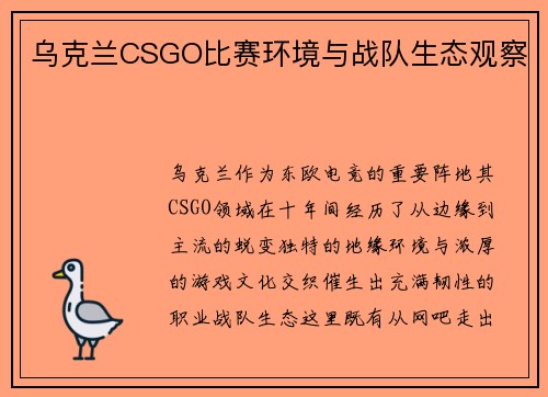 乌克兰CSGO比赛环境与战队生态观察