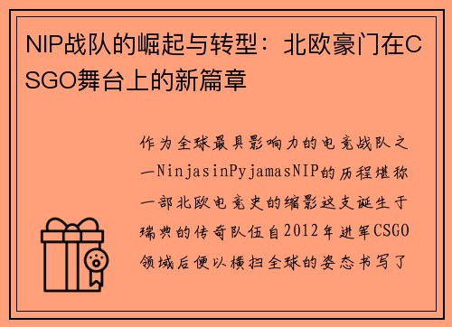NIP战队的崛起与转型：北欧豪门在CSGO舞台上的新篇章